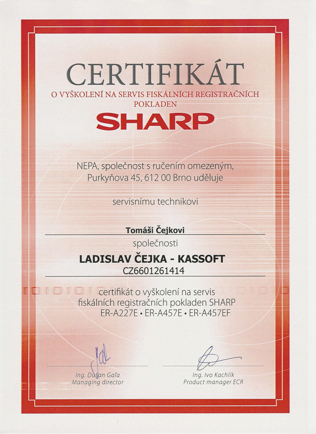 Certifikát k pokladnám SHARP Certifikát k pokladnám SHARP