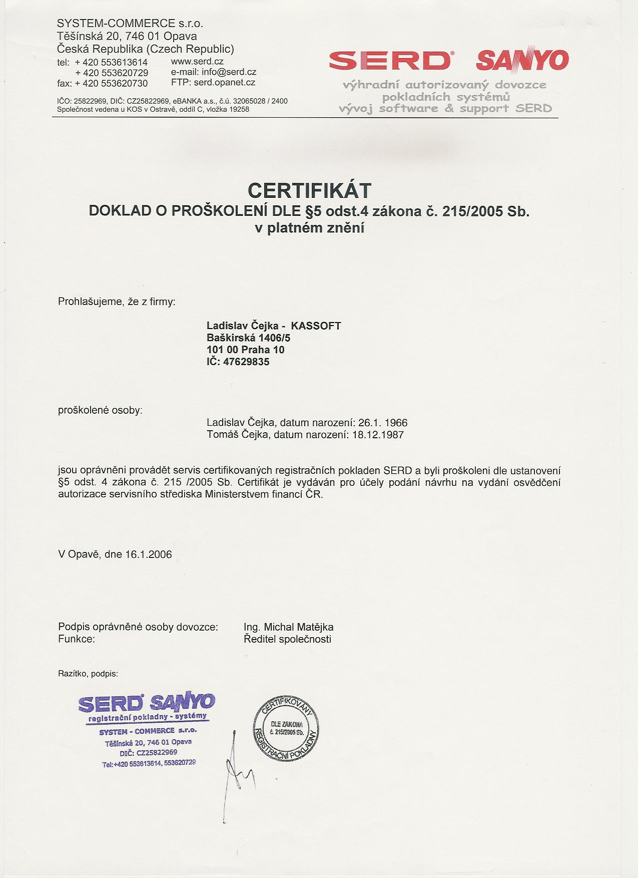Certifikát k pokladnám SERD