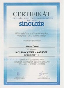 Certifikát k pokladnám Sinclair